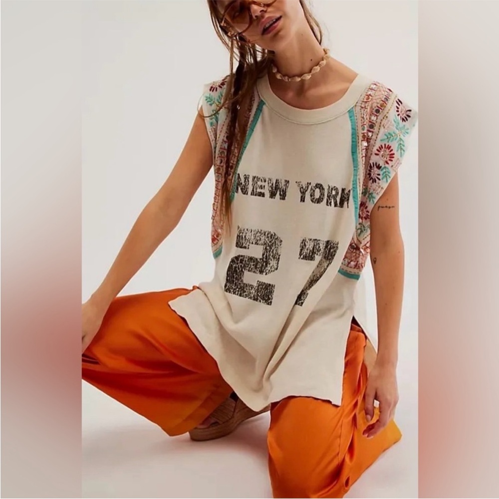 We The Free Graphic Tank Top with Embroidered Sleeves - Cream